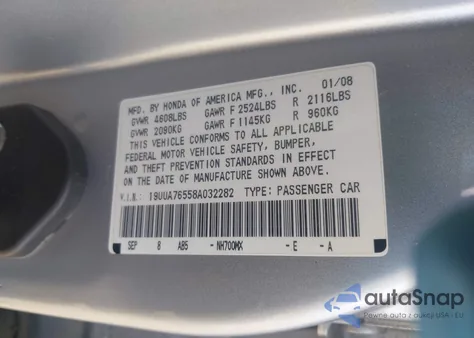 2008 Acura Tl Type S из США, поврежденный, VIN 19UUA76558A032282